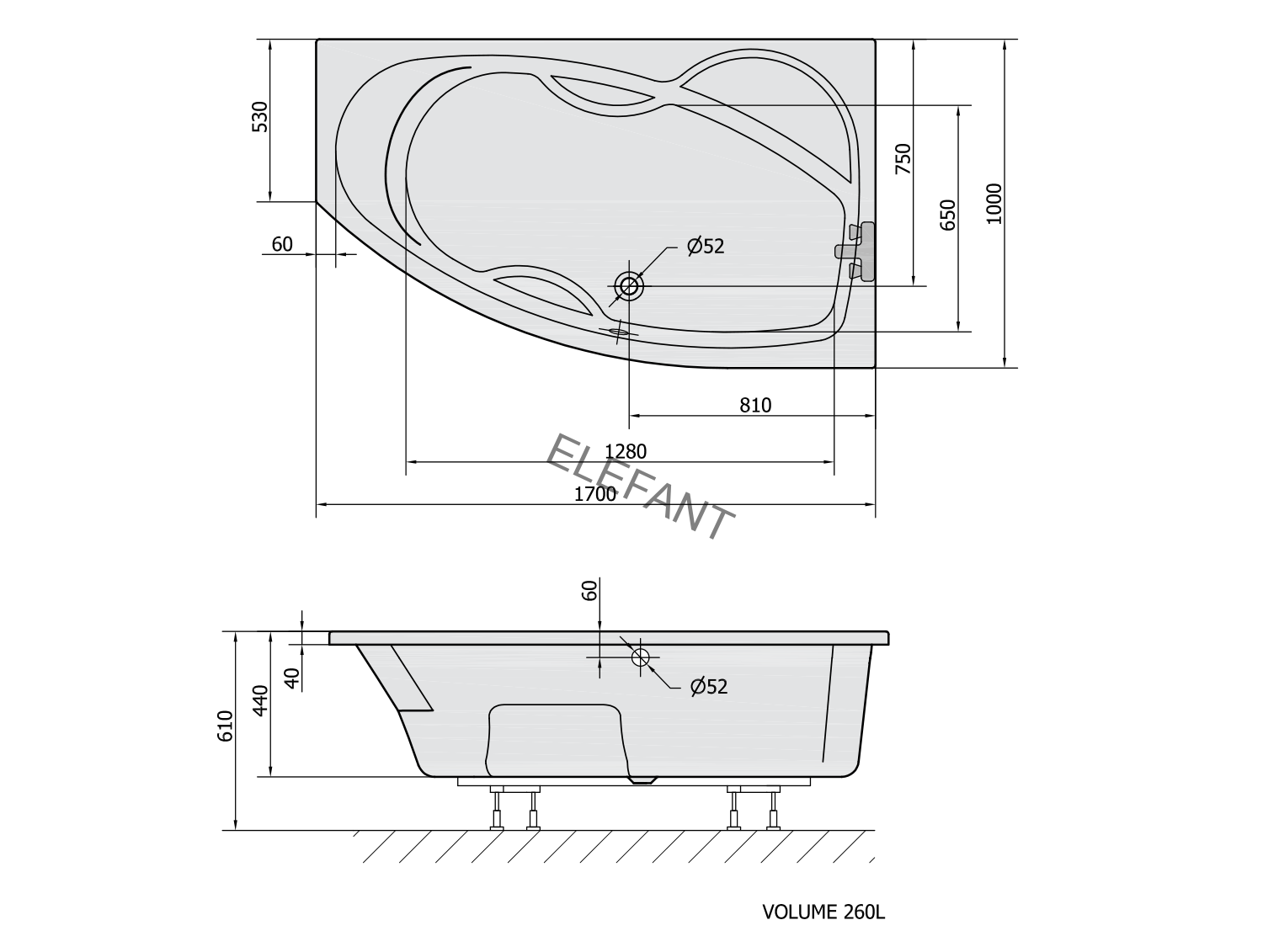 MAMBA R asymetrická vana 170x100x44cm, bílá